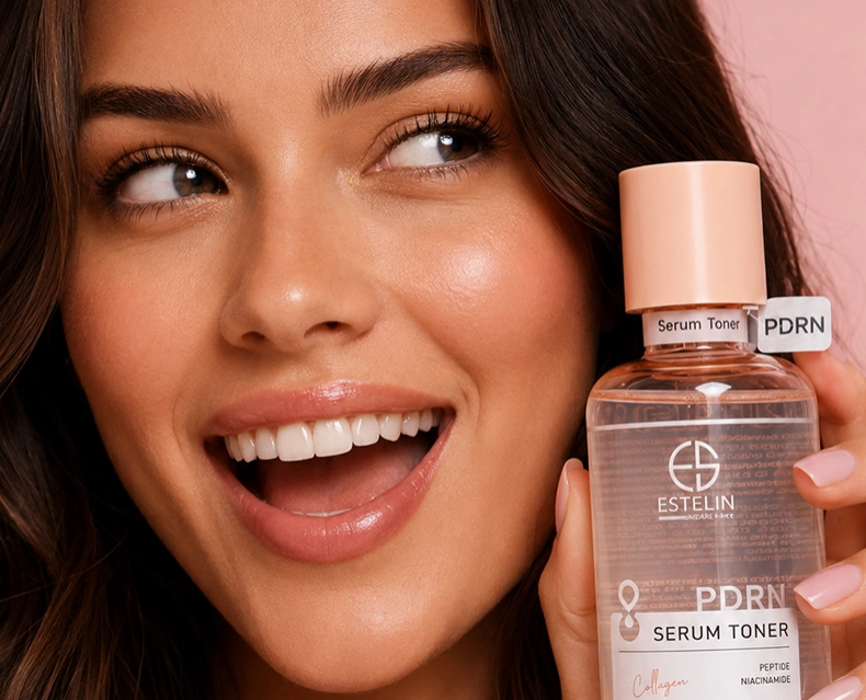 A premium skincare cover image featuring a PDRN serum bottle with glossy serum droplets