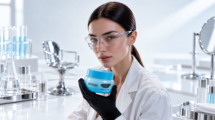DR.RASHEL hydrating cream beside a glass of water in a clinical lab setting
